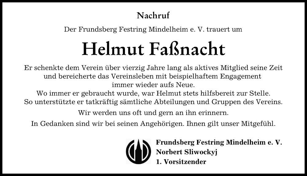 Traueranzeige von Helmut Faßnacht von Mindelheimer Zeitung