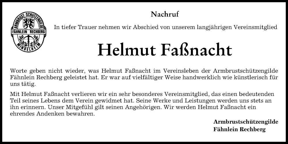 Traueranzeige von Helmut Faßnacht von Mindelheimer Zeitung