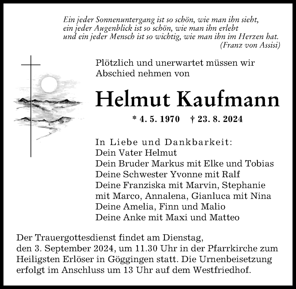 Traueranzeige von Helmut Kaufmann von Augsburger Allgemeine