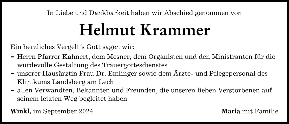 Traueranzeige von Helmut Krammer von Landsberger Tagblatt