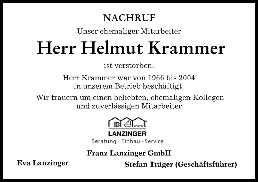 Traueranzeige von Helmut Krammer von Landsberger Tagblatt