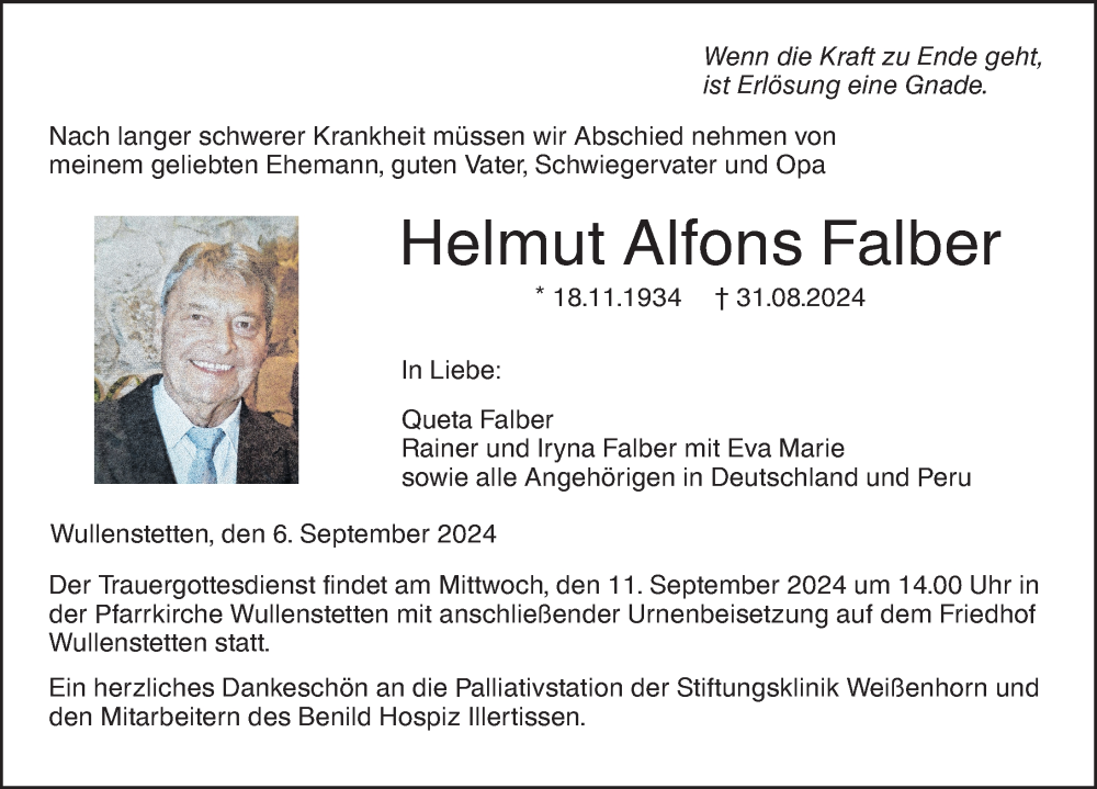 Traueranzeige von Helmut Alfons Falber von Augsburger Allgemeine, Neu-Ulmer Zeitung