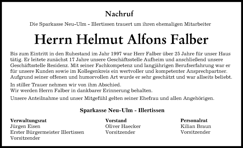 Traueranzeige von Helmut Alfons Falber von Neu-Ulmer Zeitung