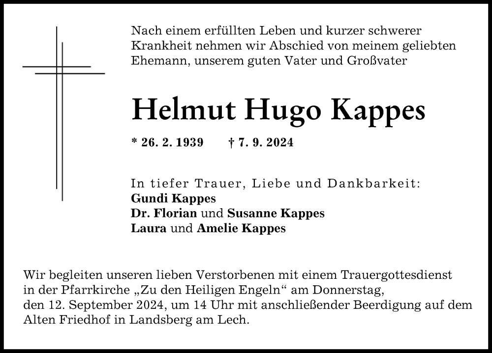 Traueranzeige von Helmut Hugo Kappes von Landsberger Tagblatt