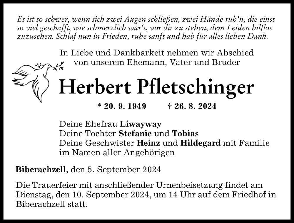 Traueranzeige von Herbert Pfletschinger von Neu-Ulmer Zeitung