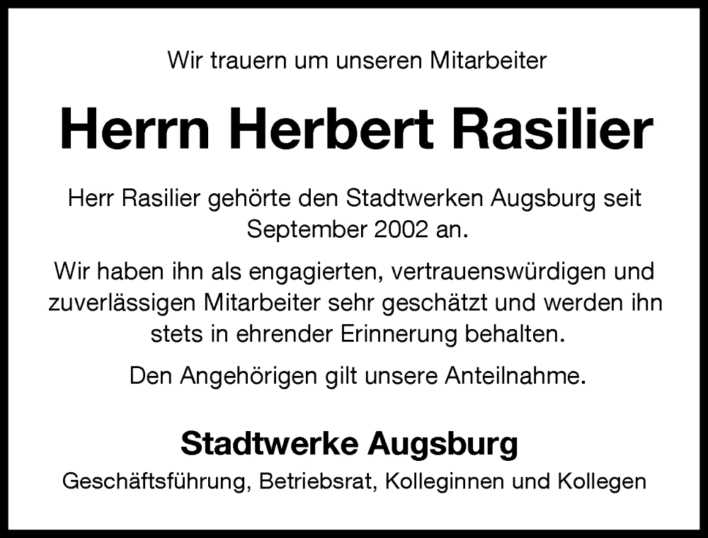 Traueranzeige von Herbert Rasilier von Augsburger Allgemeine