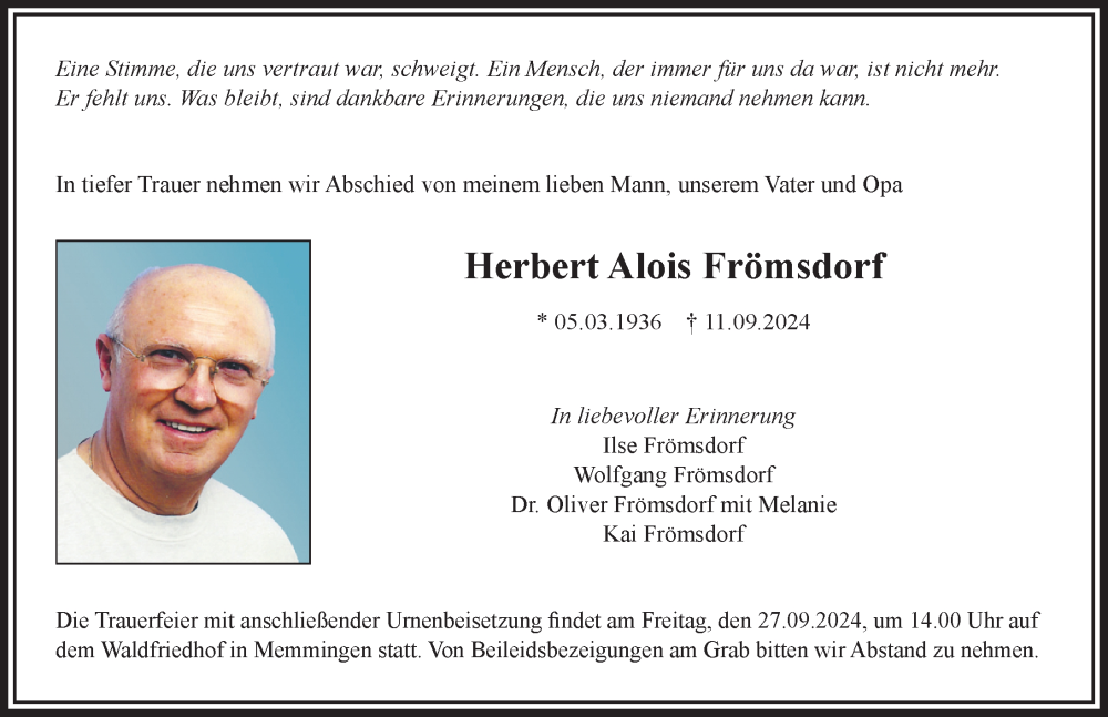 Traueranzeige von Herbert Alois Frömsdorf von Augsburger Allgemeine, Mindelheimer Zeitung