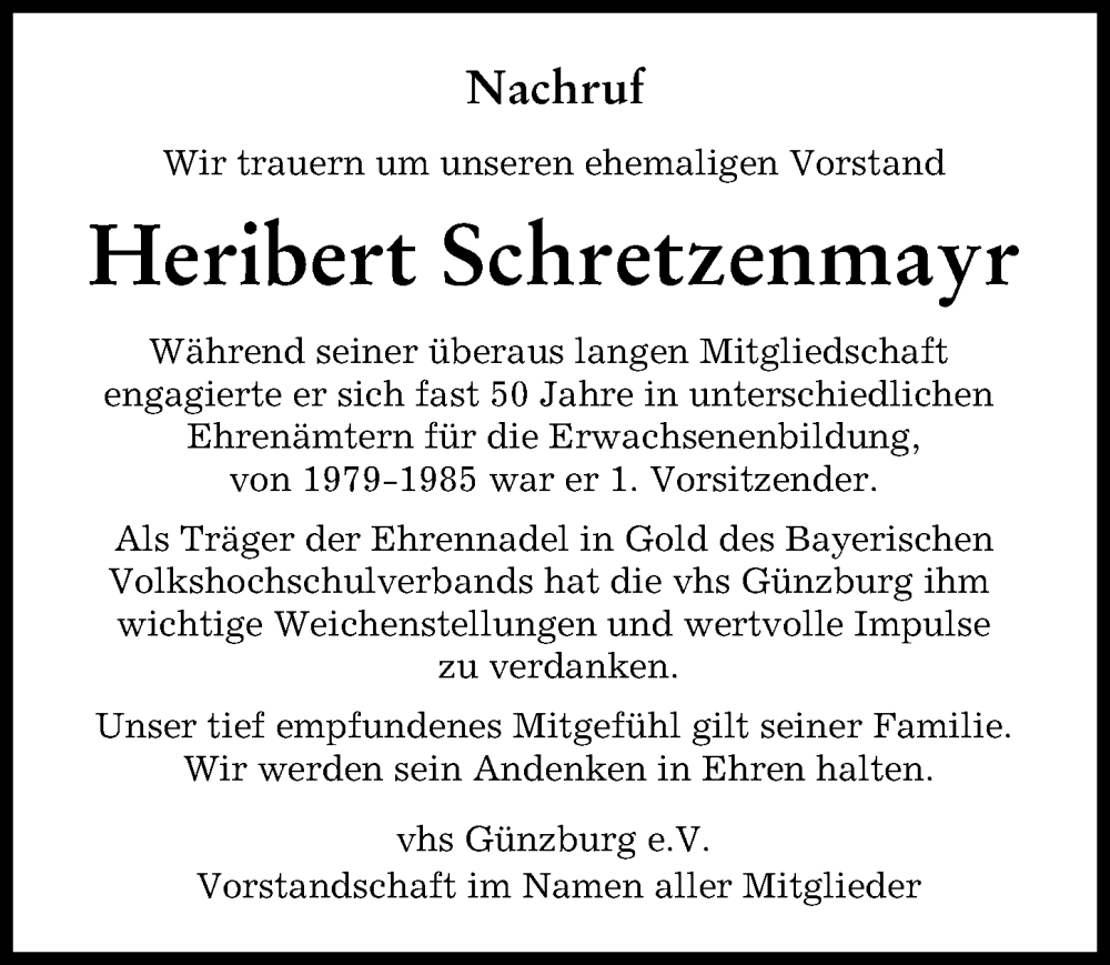 Traueranzeige von Heribert Schretzenmayr von Günzburger Zeitung