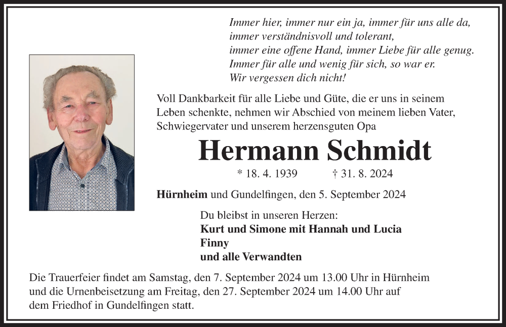 Traueranzeige von Hermann Schmidt von Donau Zeitung, Rieser Nachrichten