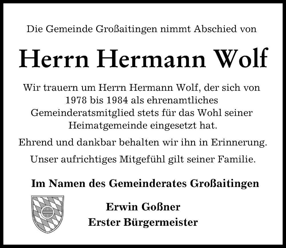 Traueranzeige von Hermann Wolf von Schwabmünchner Allgemeine