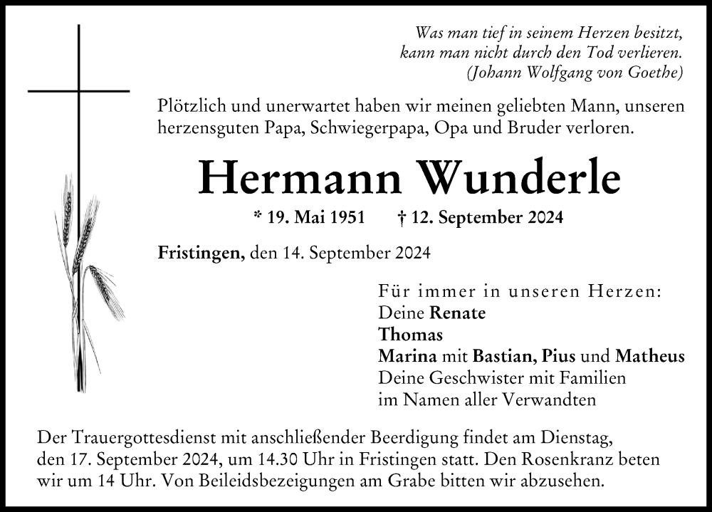 Traueranzeige von Hermann Wunderle von Donau Zeitung