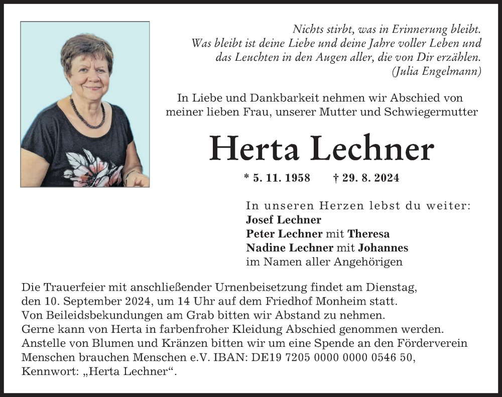 Traueranzeige von Herta Lechner von Donauwörther Zeitung