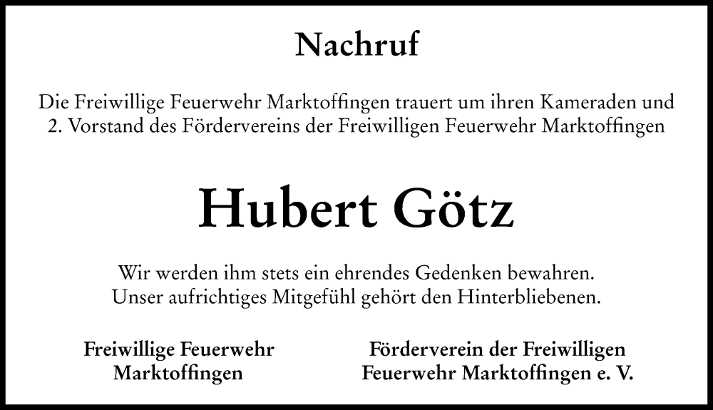 Traueranzeige von Hubert Götz von Rieser Nachrichten