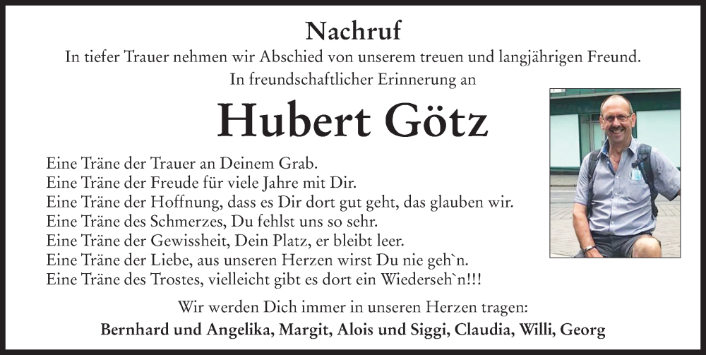 Traueranzeige von Hubert Götz von Rieser Nachrichten