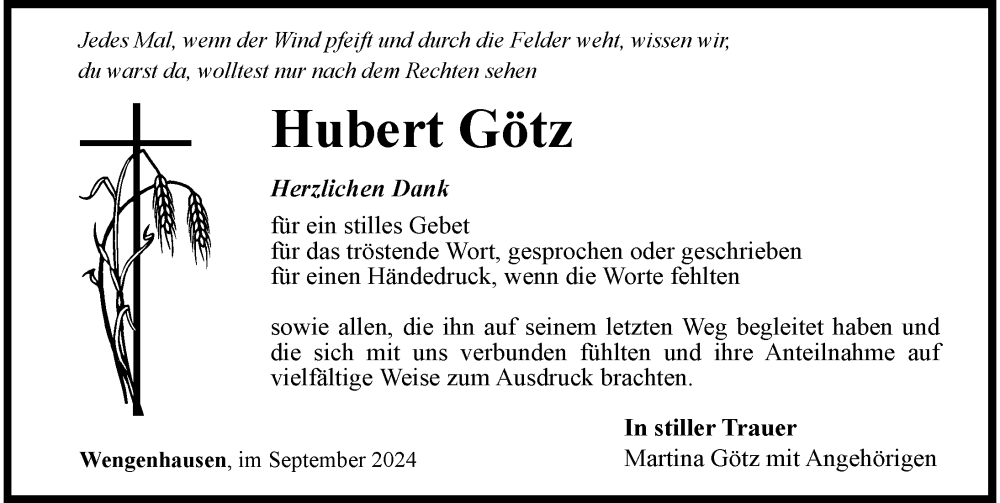 Traueranzeige von Hubert Götz von Rieser Nachrichten