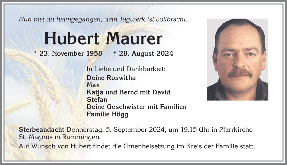 Traueranzeige von Hubert Maurer von Mindelheimer Zeitung