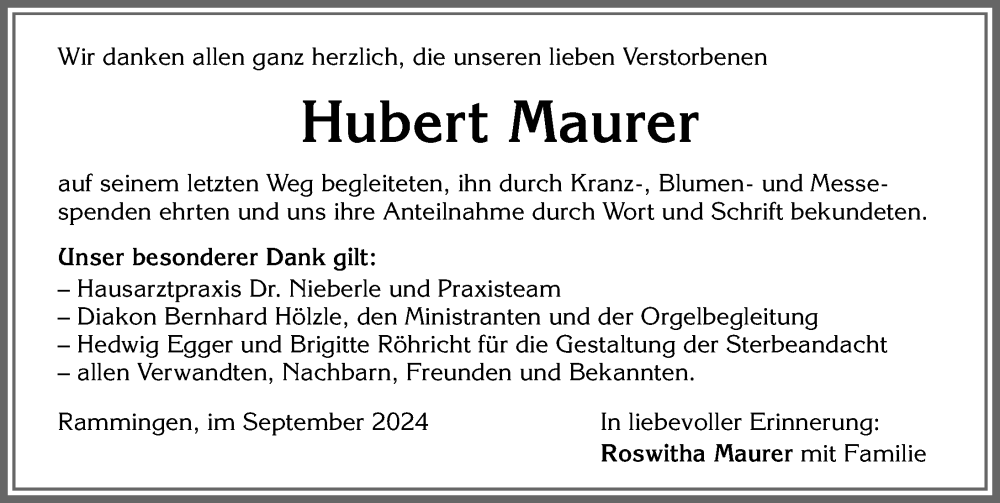 Traueranzeige von Hubert Maurer von Mindelheimer Zeitung