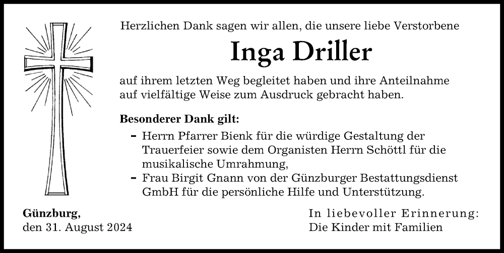 Traueranzeige von Inga Driller von Günzburger Zeitung