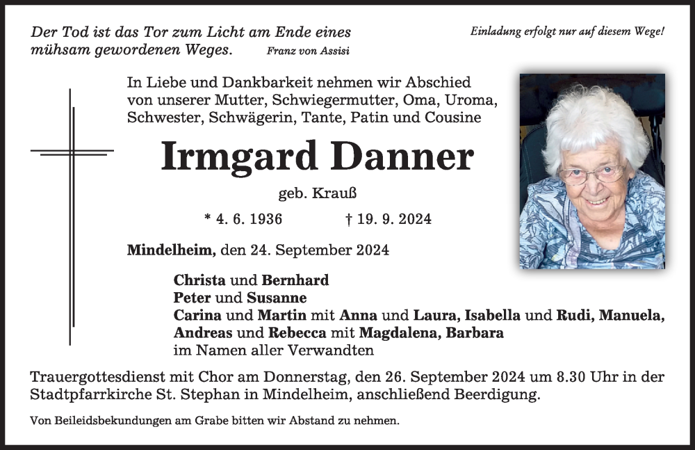 Traueranzeige von Irmgard Danner von Mindelheimer Zeitung