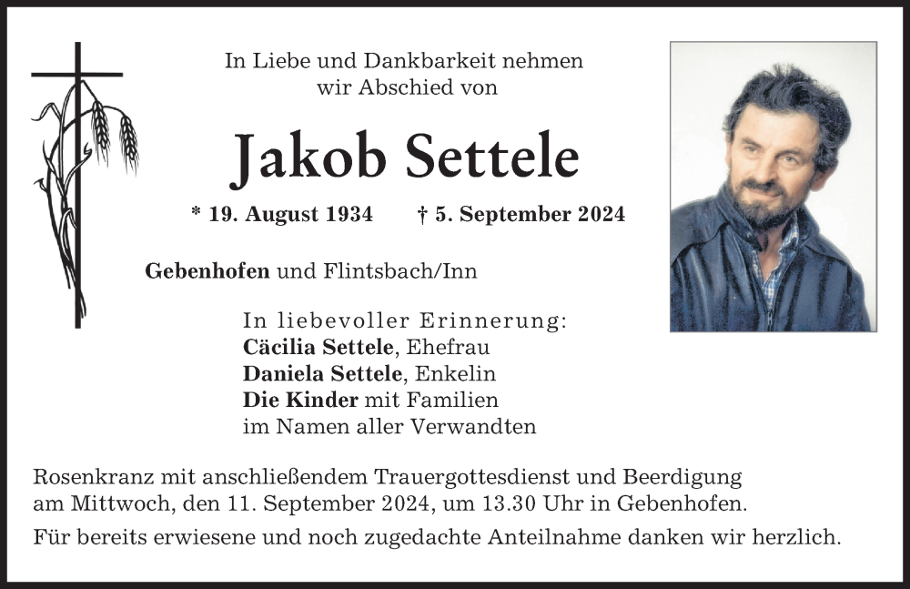 Traueranzeige von Jakob Settele von Aichacher Nachrichten