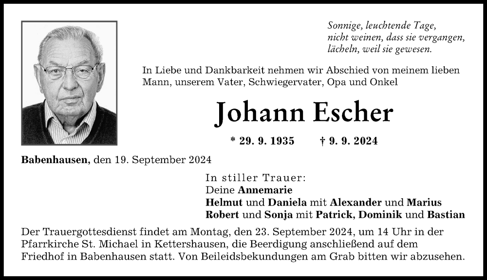  Traueranzeige für Johann Escher vom 19.09.2024 aus Illertisser Zeitung