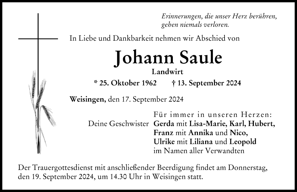 Traueranzeige von Johann Saule von Donau Zeitung