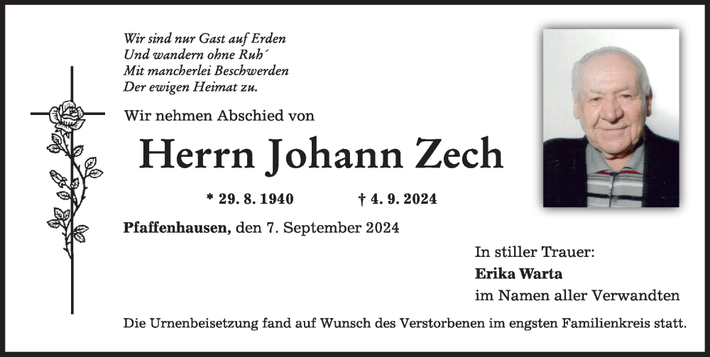 Traueranzeige von Johann Zech von Mindelheimer Zeitung