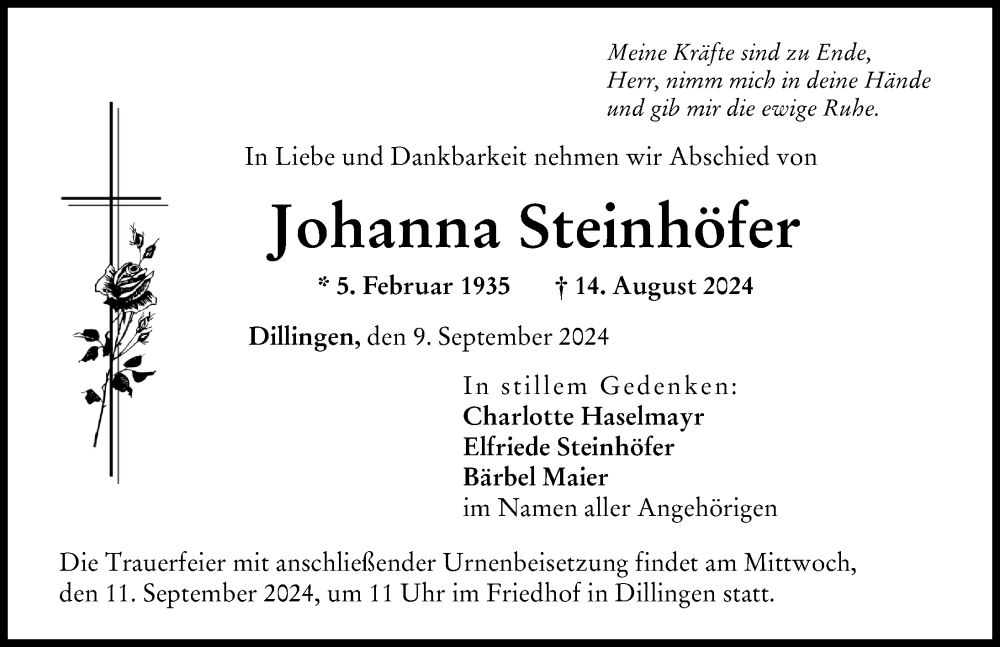 Traueranzeige von Johanna Steinhöfer von Donau Zeitung