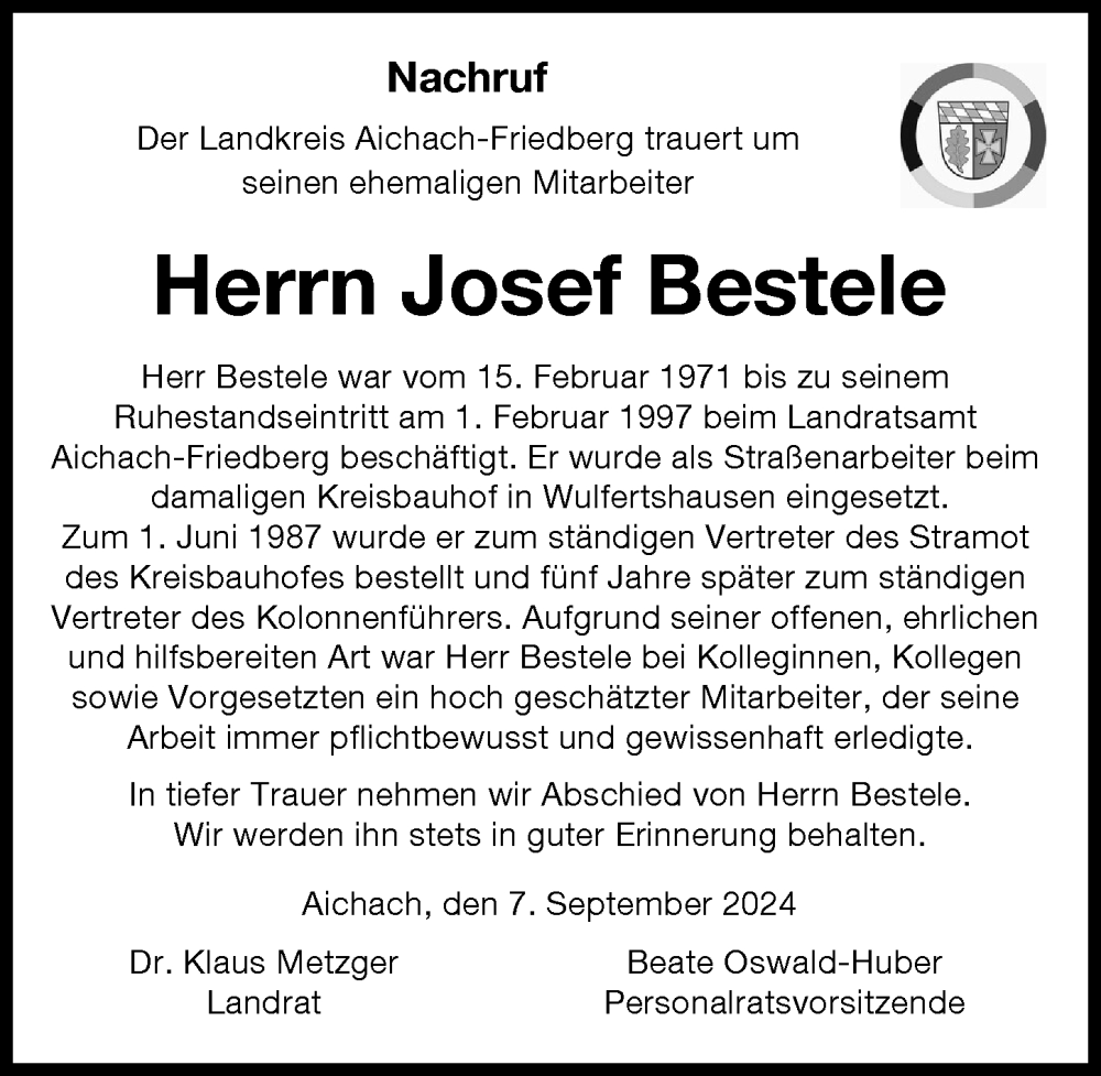 Traueranzeige von Josef Bestele von Friedberger Allgemeine, Aichacher Nachrichten