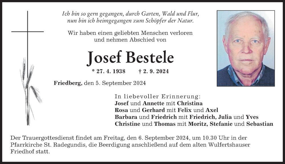  Traueranzeige für Josef Bestele vom 05.09.2024 aus Friedberger Allgemeine, Aichacher Nachrichten