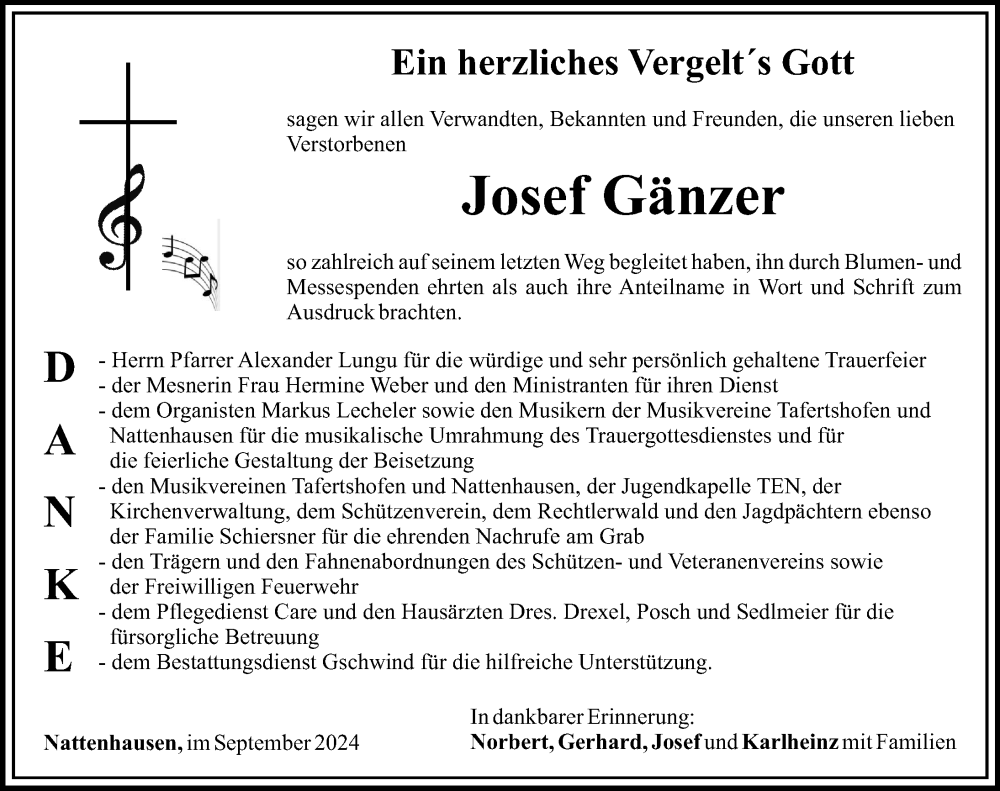 Traueranzeige von Josef Gänzer von Mittelschwäbische Nachrichten