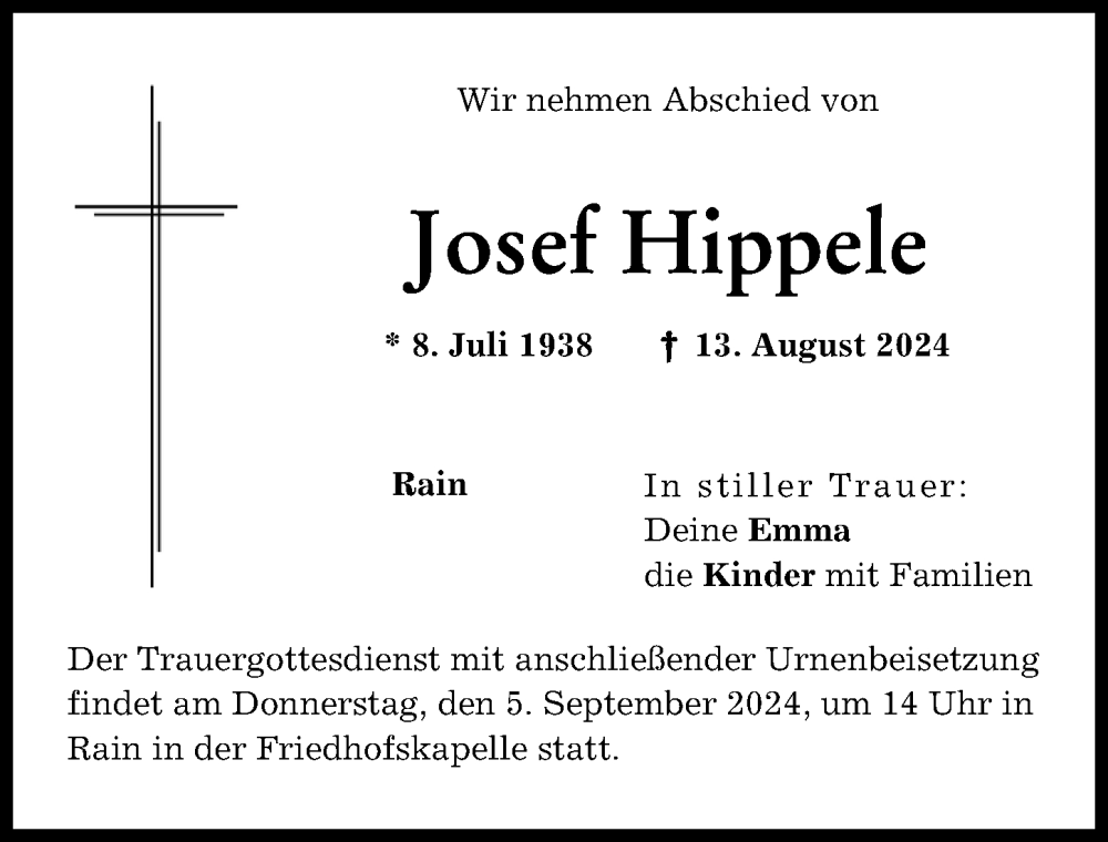 Traueranzeige von Josef Hippele von Donauwörther Zeitung