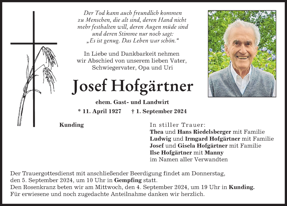 Traueranzeige von Josef Hofgärtner von Neuburger Rundschau