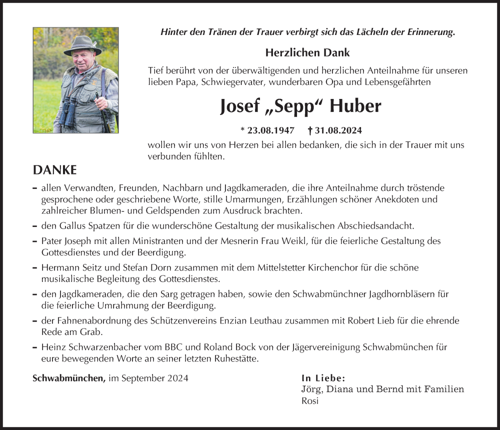 Traueranzeige von Josef Huber von Schwabmünchner Allgemeine