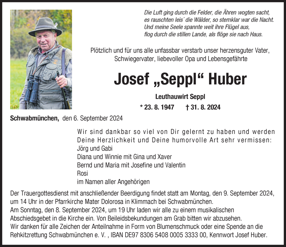  Traueranzeige für Josef Huber vom 06.09.2024 aus Schwabmünchner Allgemeine, Augsburger Allgemeine