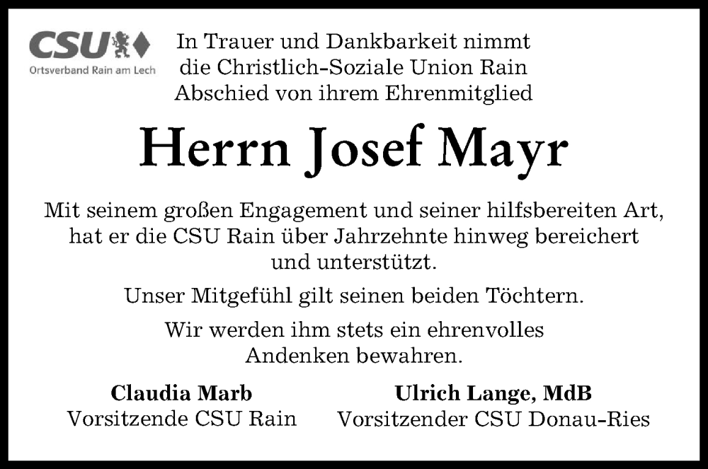 Traueranzeige von Josef Mayr von Donauwörther Zeitung