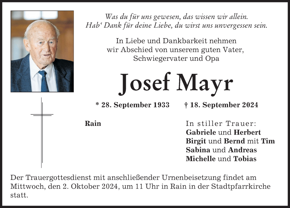 Traueranzeige von Josef Mayr von Donauwörther Zeitung