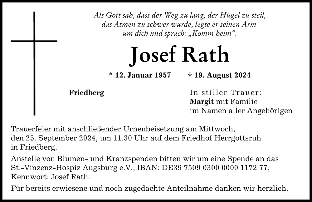  Traueranzeige für Josef Rath vom 19.09.2024 aus Friedberger Allgemeine