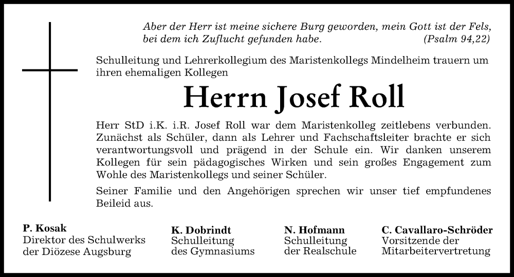 Traueranzeige von Josef Roll von Mindelheimer Zeitung