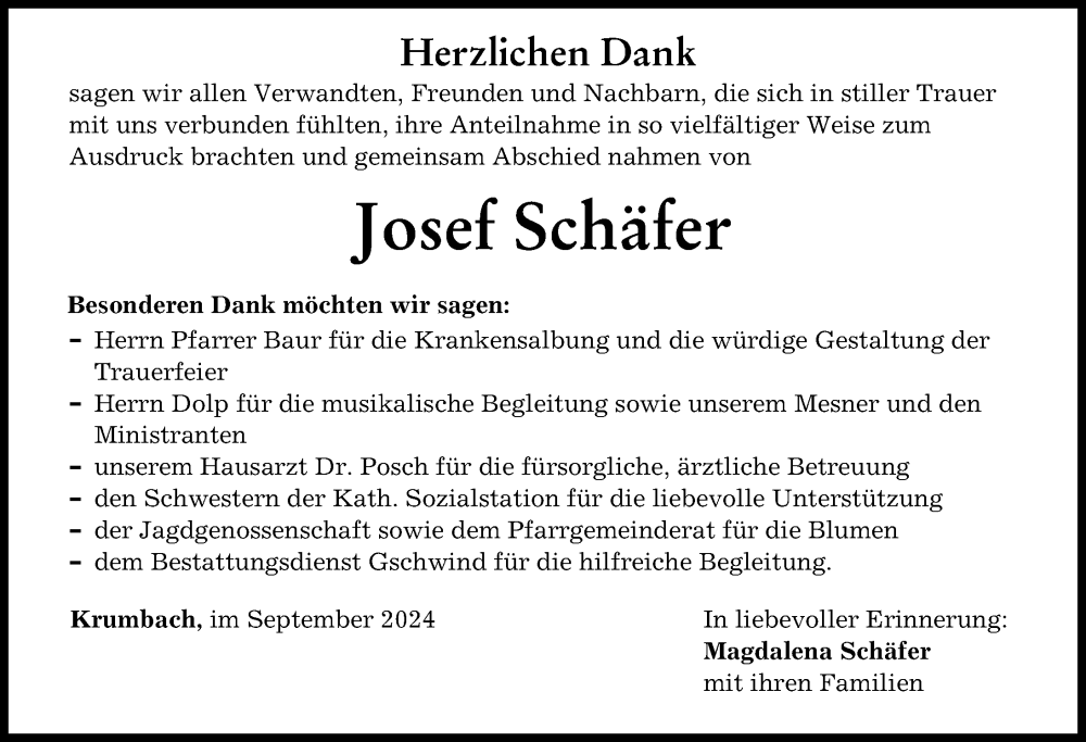 Traueranzeige von Josef Schäfer von Mittelschwäbische Nachrichten