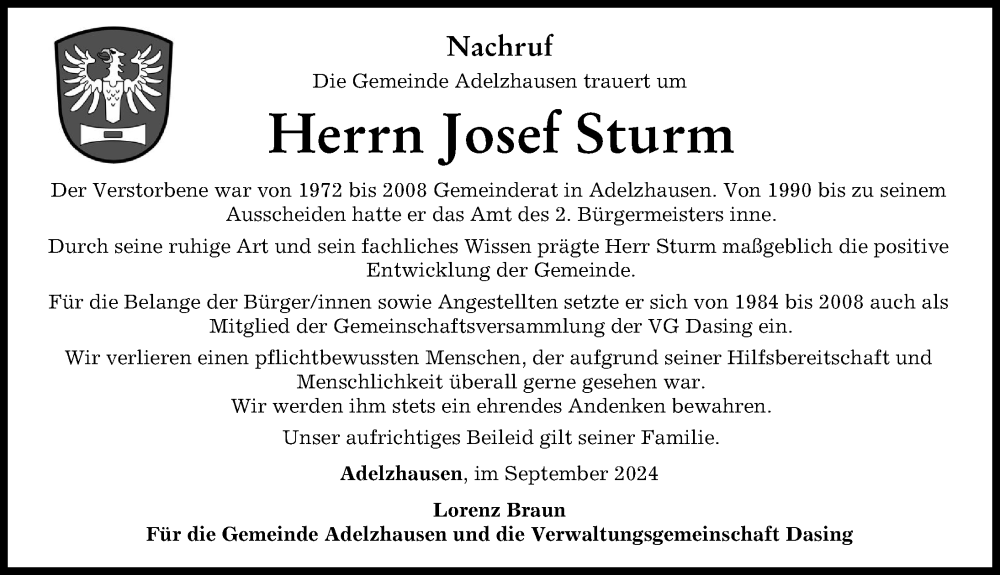 Traueranzeige von Josef Sturm von Aichacher Nachrichten