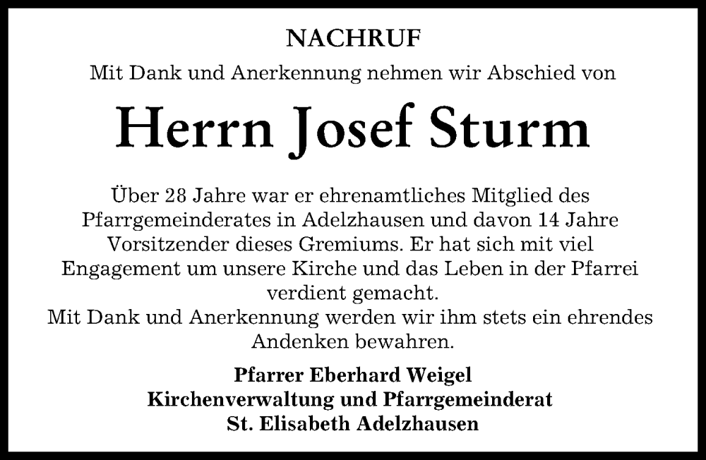 Traueranzeige von Josef Sturm von Aichacher Nachrichten