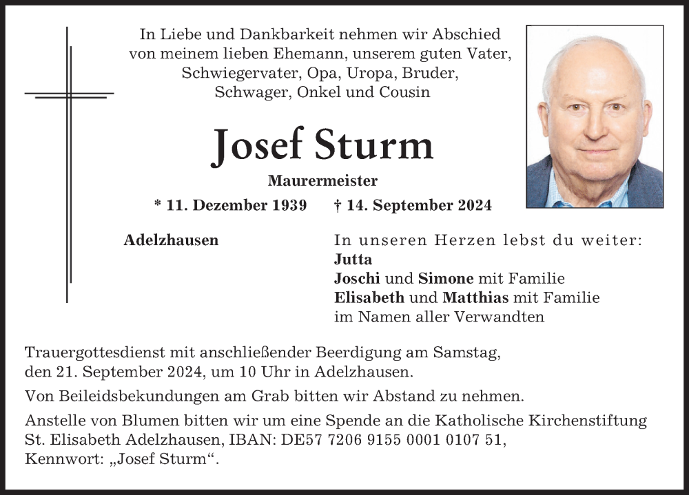 Traueranzeige von Josef Sturm von Aichacher Nachrichten