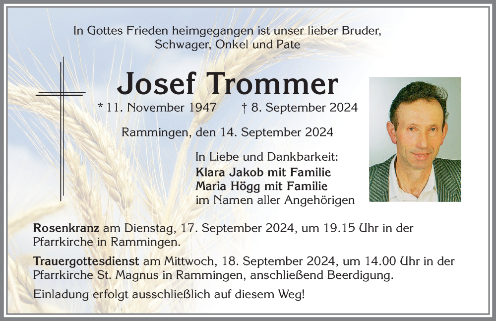 Traueranzeige von Josef Trommer von Mindelheimer Zeitung