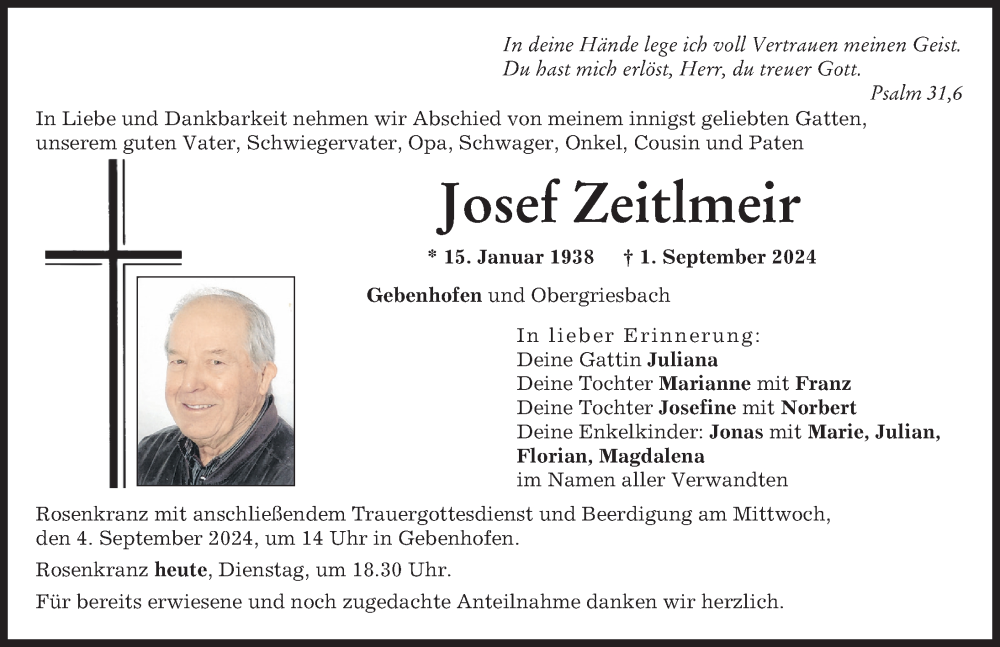 Traueranzeige von Josef Zeitlmeir von Aichacher Nachrichten