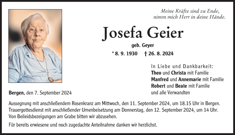 Traueranzeige von Josefa Geier von Neuburger Rundschau