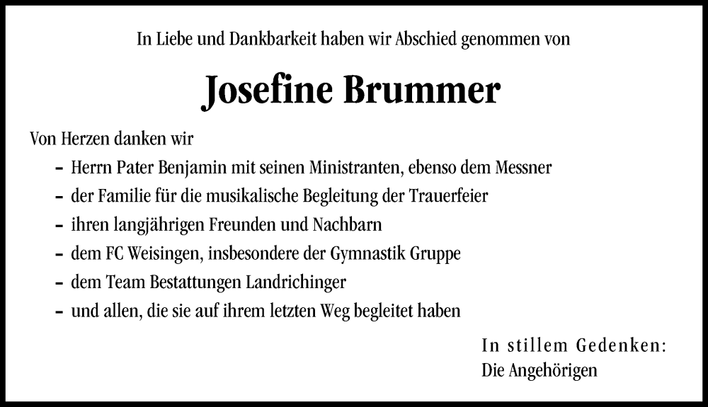 Traueranzeige von Josefine Brummer von Donau Zeitung