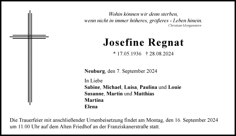 Traueranzeige von Josefine Regnat von Neuburger Rundschau