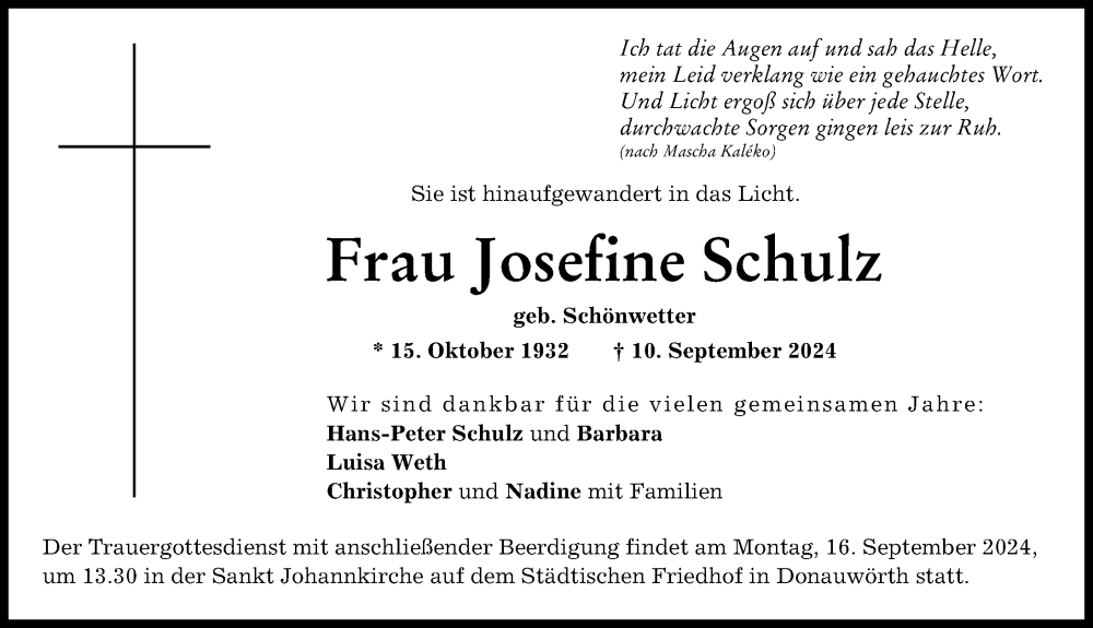 Traueranzeige von Josefine Schulz von Donauwörther Zeitung