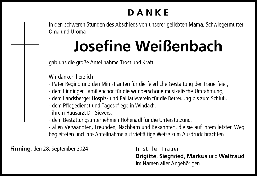 Traueranzeige von Josefine Weißenbach von Landsberger Tagblatt